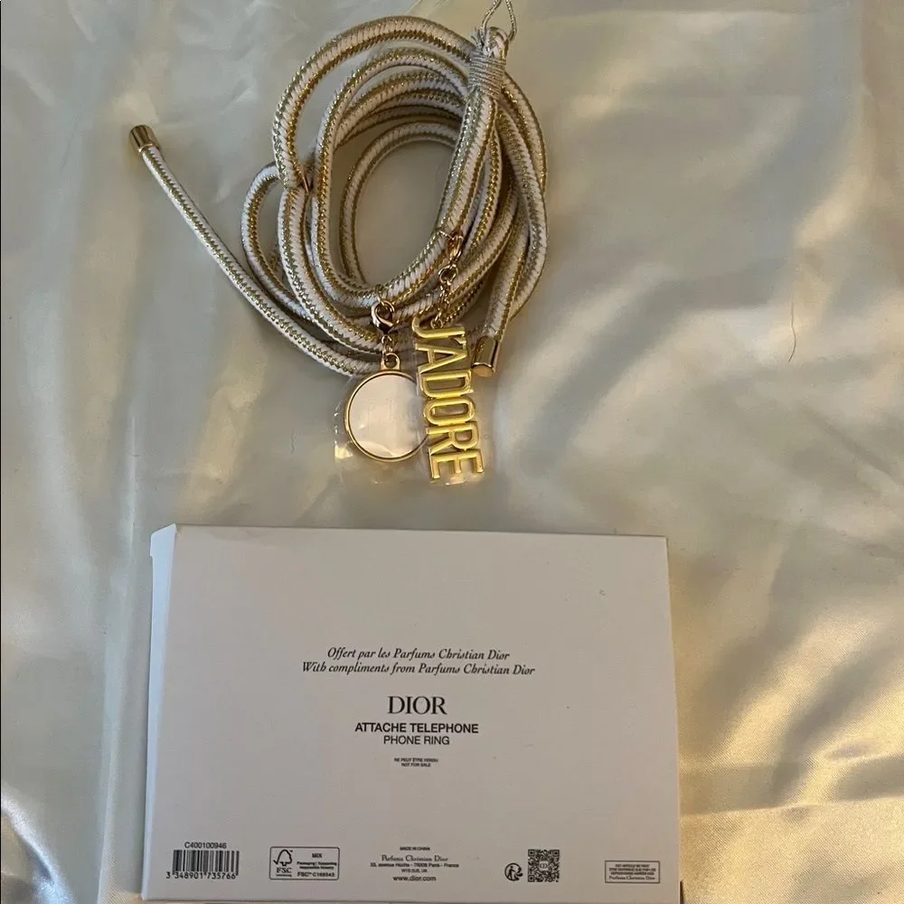 DIOR Phone Lanyard Strap Gold & White Rope Lanyard with J'ADORE Charms - New